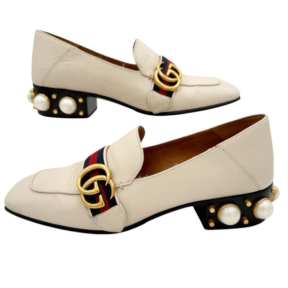 Gucci Peyton Pearl Loafer in White EU 37 US 7 GG Logo Web Stripe Block Low Heel - Picture 10 of 13